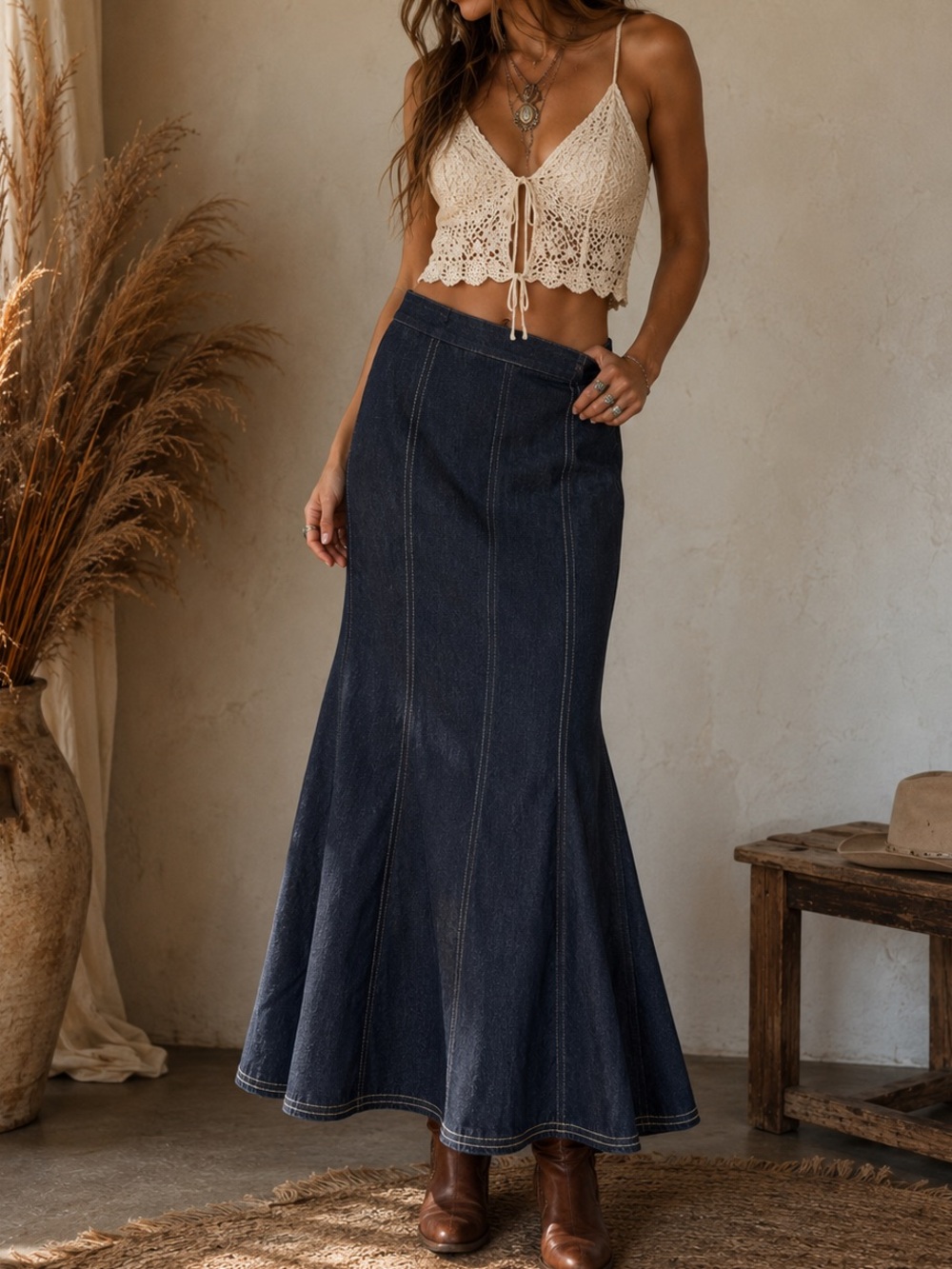 Vntg K. Jordan Denim Maxi Skirt Dark Wash Size 14 Boho Western Y2K Mermaid Style
